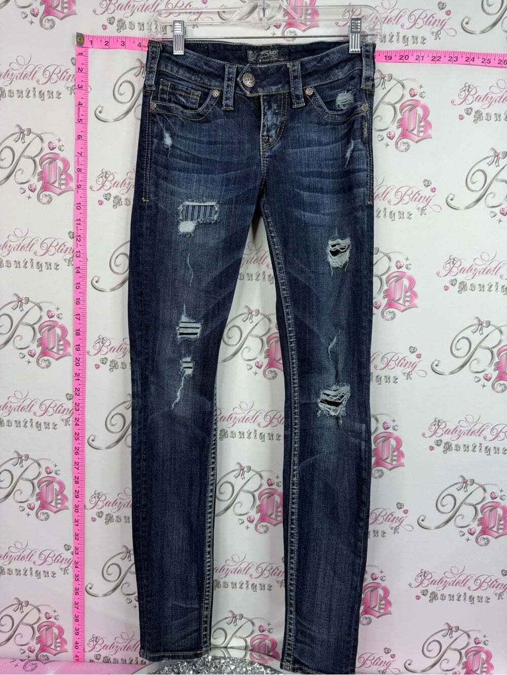 Silver Jeans y2k pants rips Distressed Dark Blue Skinny Jeans